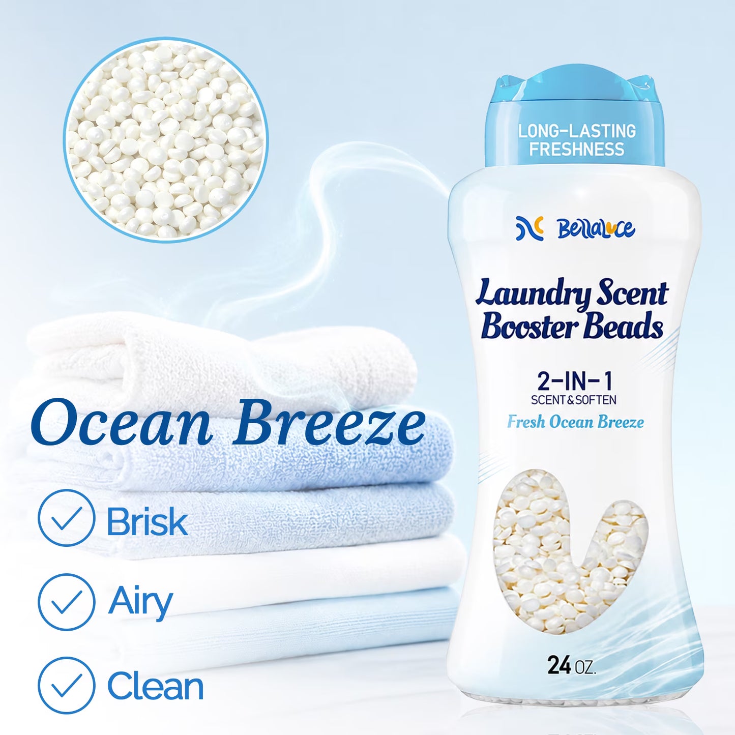 BellaLuce Laundry Scent Booster Beads, Fresh Ocean Breeze, 24 oz, Long-Lasting Fragrance, 2-in-1 Scent & Soften, Odor Eliminator, Safe for All Fabrics & Washers