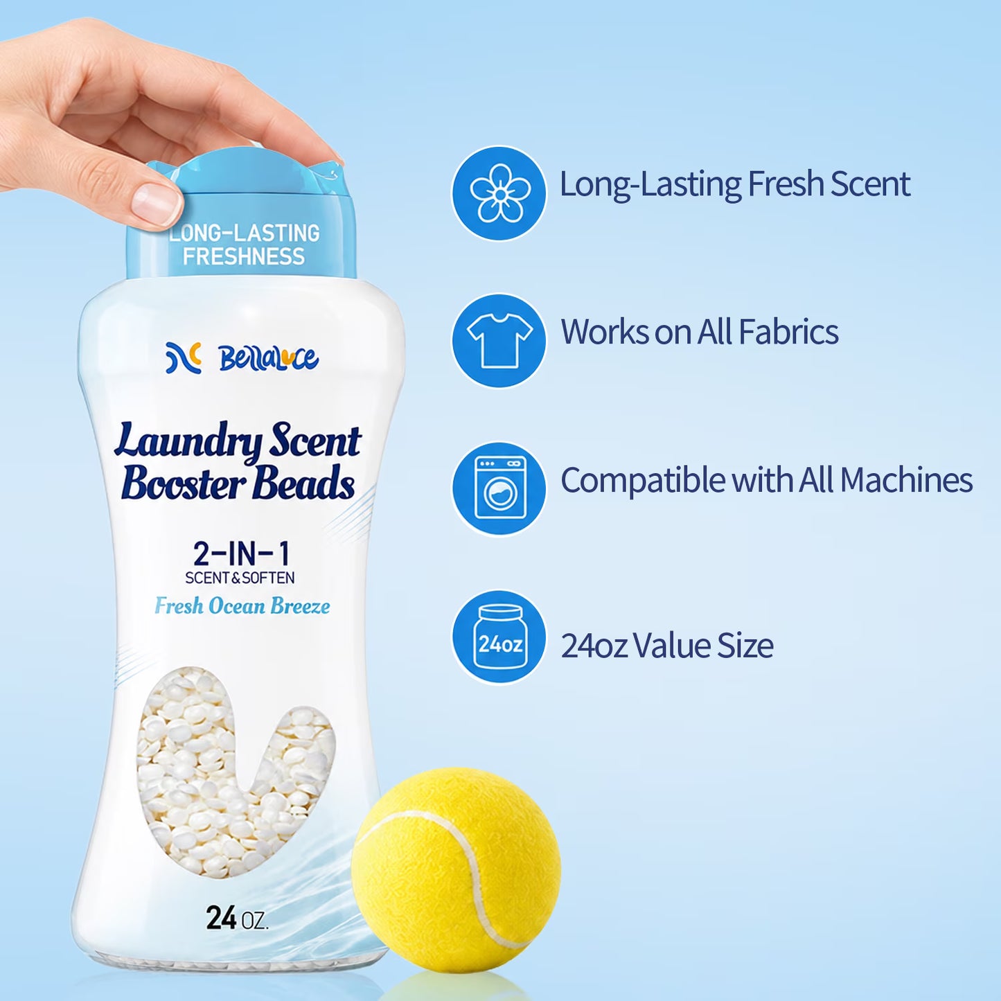BellaLuce Laundry Scent Booster Beads, Fresh Ocean Breeze, 24 oz, Long-Lasting Fragrance, 2-in-1 Scent & Soften, Odor Eliminator, Safe for All Fabrics & Washers