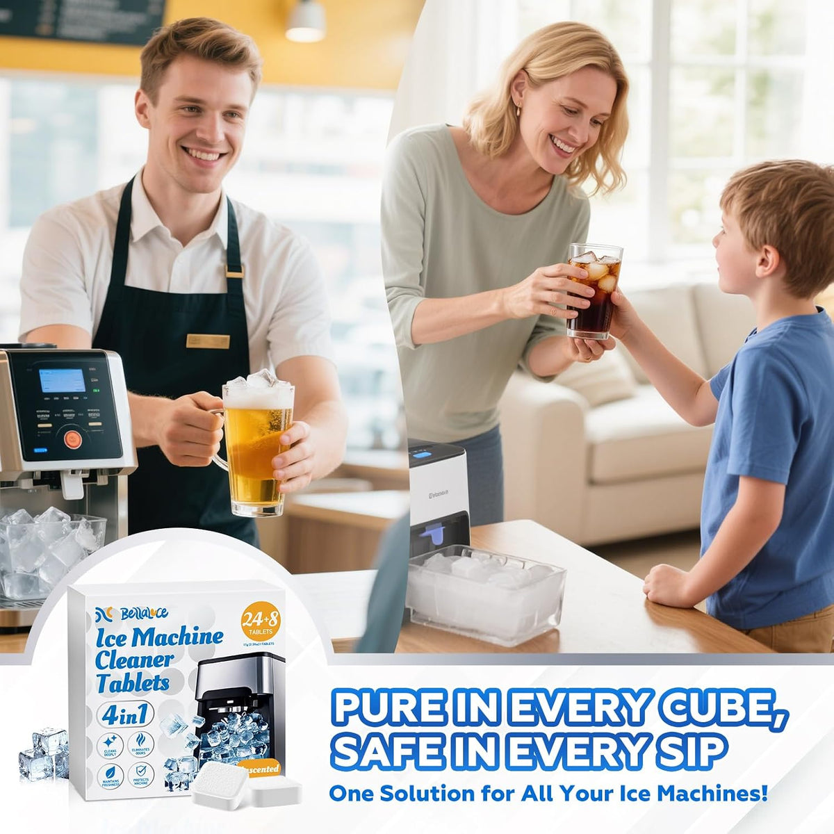 Bellaluce Ice Machine Cleaner Tablets, Nickel-Safe Descaler,32 Pack 32 Count Food-Grade Citric Acid Formula for Countertop and Portable Ice Makers; Opal, Frigidaire and KitchenAid Compatible
