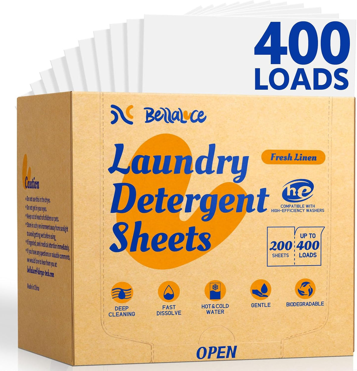BellaLuce Laundry Detergent Sheets -Fresh Linen Scent, 400 Loads Plastic-Free Laundry Detergent, Fast-Dissolving, Hypoallergenic Formula Laundry Sheets, Space-Saving for Home, Dorms & Travel
