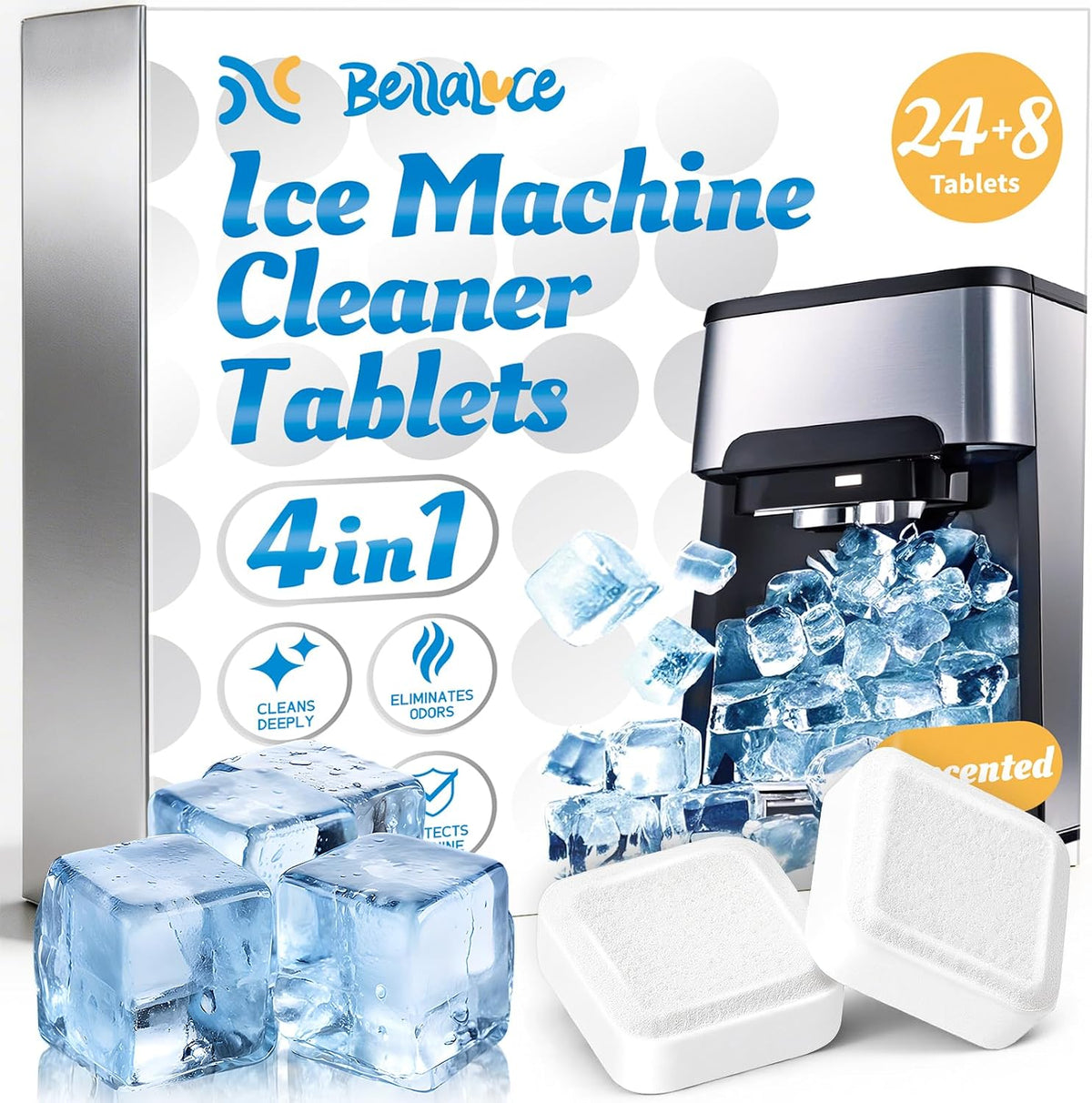 Bellaluce Ice Machine Cleaner Tablets, Nickel-Safe Descaler,32 Pack 32 Count Food-Grade Citric Acid Formula for Countertop and Portable Ice Makers; Opal, Frigidaire and KitchenAid Compatible